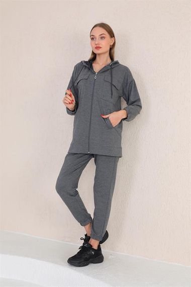 Женский спортивный комплект с карманами, серый, два предмета, капюшон, верх с молнией, удобный трикотаж, идеален для повседневной носки - фото 3