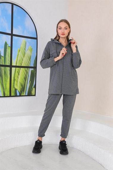 Женский спортивный комплект с карманами, серый, два предмета, капюшон, верх с молнией, удобный трикотаж, идеален для повседневной носки - фото 4