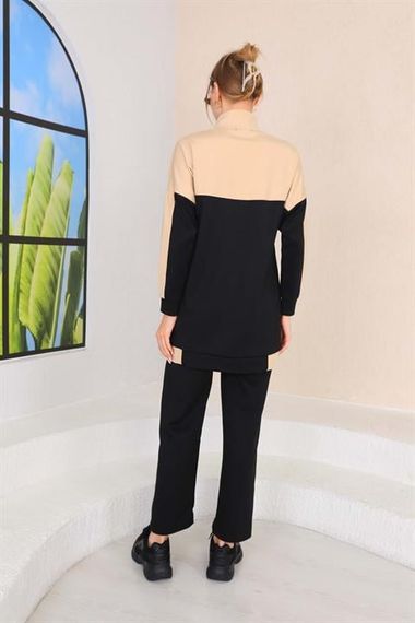 بدلة رياضية مزدوجة كاجوال منقوشة باللون الأسود والبيج للسيدات - صورة 4