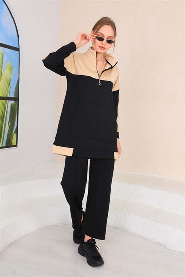 بدلة رياضية مزدوجة كاجوال منقوشة باللون الأسود والبيج للسيدات - صورة 5