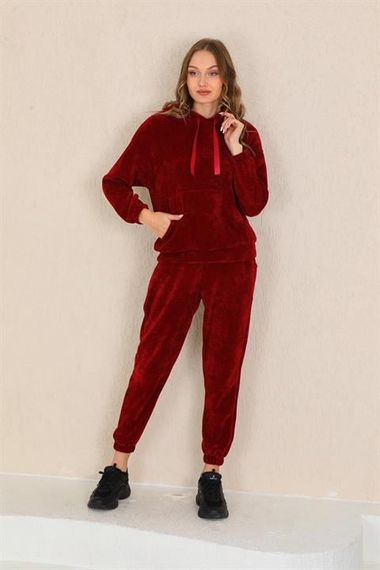 Жіночий бордовий велюровий спортивний костюм з капюшоном та кишенями, м'який та елегантний для осені та зими - фото 3