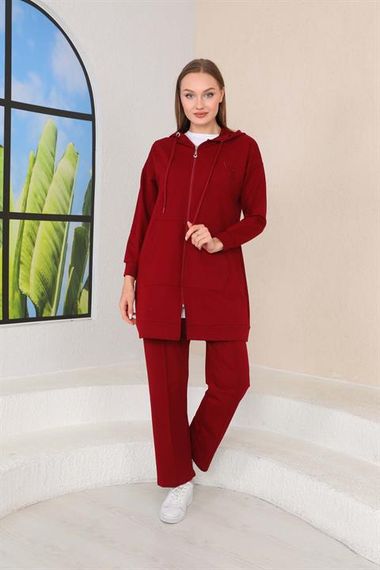 Kadın Kabartma Baskılı Bordo Renk 3 lü Spor Takım - fotoğraf 2