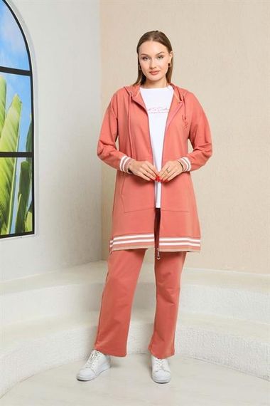 Women's Striped Salmon Color Triple Hijab Sports Suit Combination - photo 2