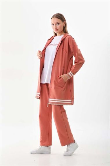 Women's Striped Salmon Color Triple Hijab Sports Suit Combination - photo 1