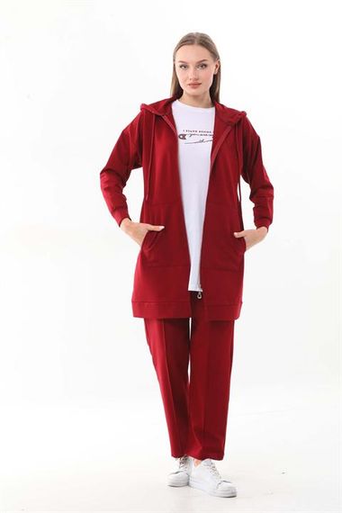 Kadın Kabartma Baskılı Bordo Renk 3 lü Spor Takım - fotoğraf 1