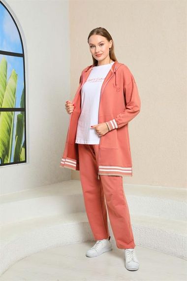 Women's Striped Salmon Color Triple Hijab Sports Suit Combination - photo 3