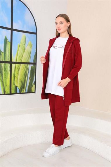 Kadın Kabartma Baskılı Bordo Renk 3 lü Spor Takım - fotoğraf 3