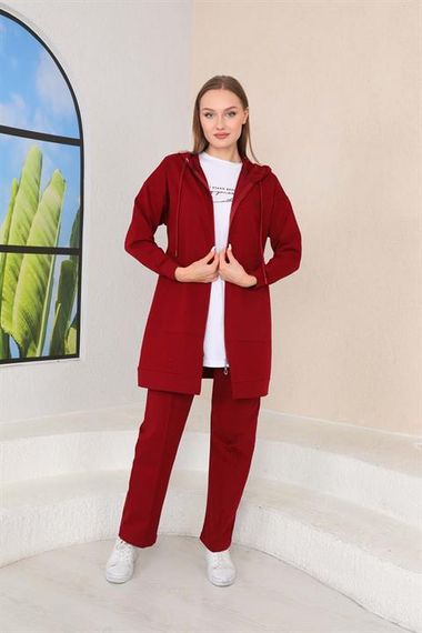 Kadın Kabartma Baskılı Bordo Renk 3 lü Spor Takım - fotoğraf 5