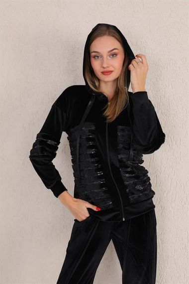 Women's Plush Velvet Wide Leg Double Suit - BLACK - photo 5