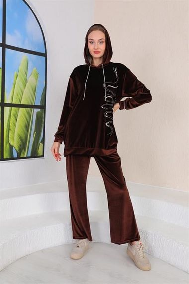 Women's Velvet Stone Embroidered Hooded Set - BROWN - photo 5