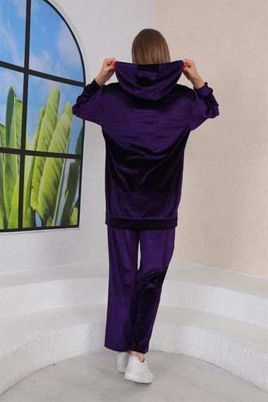 Женский комплект с капюшоном из бархата с каменной отделкой - фиолетовый - фото 4