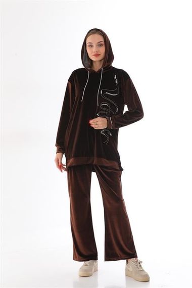 Women's Velvet Stone Embroidered Hooded Set - BROWN - photo 1