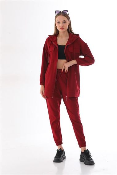 Жіночий спортивний комплект з кишенями бордового кольору, двочастинний, капюшон, висока якість, підходить для повсякденного носіння - фото 2