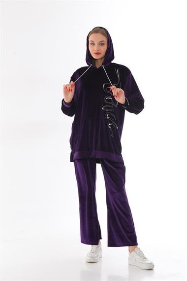 Женский комплект с капюшоном из бархата с каменной отделкой - фиолетовый - фото 1