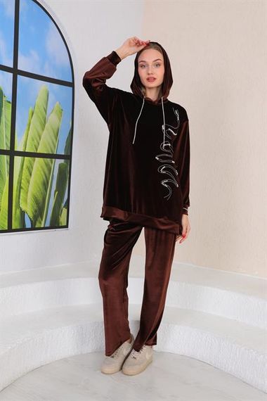 Women's Velvet Stone Embroidered Hooded Set - BROWN - photo 3