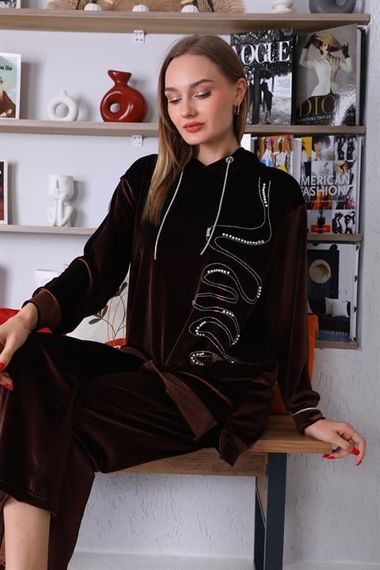 Women's Velvet Stone Embroidered Hooded Set - BROWN - photo 2