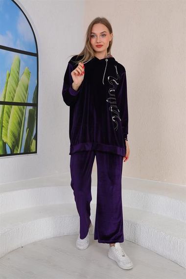 Женский комплект с капюшоном из бархата с каменной отделкой - фиолетовый - фото 2