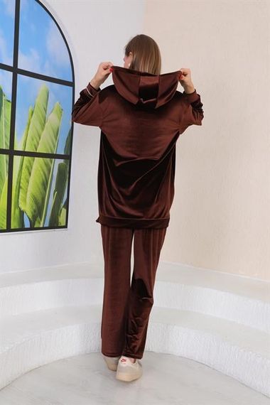 Women's Velvet Stone Embroidered Hooded Set - BROWN - photo 4