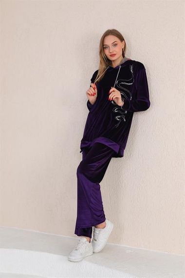 Женский комплект с капюшоном из бархата с каменной отделкой - фиолетовый - фото 5