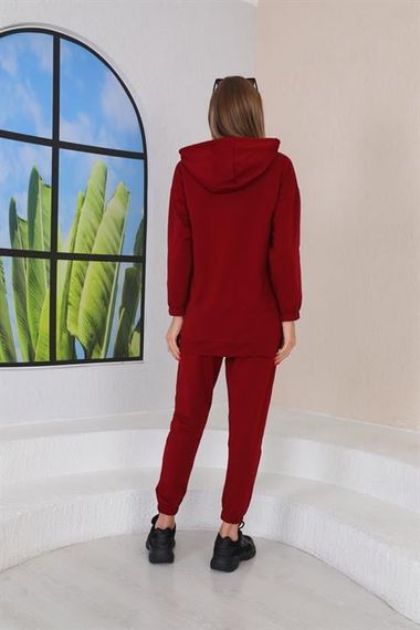 Жіночий спортивний комплект з кишенями бордового кольору, двочастинний, капюшон, висока якість, підходить для повсякденного носіння - фото 5