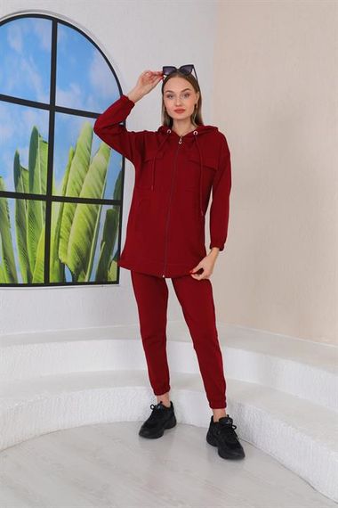 Жіночий спортивний комплект з кишенями бордового кольору, двочастинний, капюшон, висока якість, підходить для повсякденного носіння - фото 4