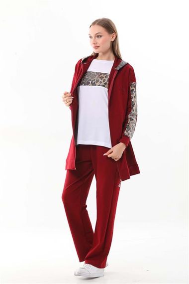 Женский спортивный костюм 3 в 1 бордового цвета с леопардовыми пайетками, высококачественный материал, модный дизайн и удобная посадка - фото 1