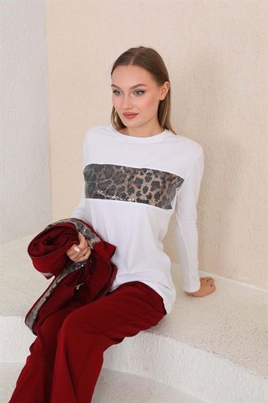 Женский спортивный костюм 3 в 1 бордового цвета с леопардовыми пайетками, высококачественный материал, модный дизайн и удобная посадка - фото 4