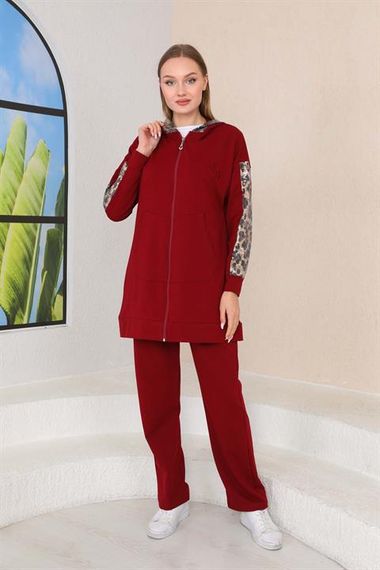 Женский спортивный костюм 3 в 1 бордового цвета с леопардовыми пайетками, высококачественный материал, модный дизайн и удобная посадка - фото 2