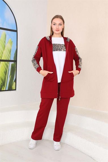 Женский спортивный костюм 3 в 1 бордового цвета с леопардовыми пайетками, высококачественный материал, модный дизайн и удобная посадка - фото 3