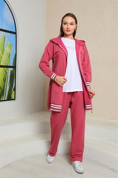 Женский трикотажный спортивный комплект в пудровом цвете с отделкой, 3 предмета, капюшон, карманы, идеален для активного отдыха - фото 2
