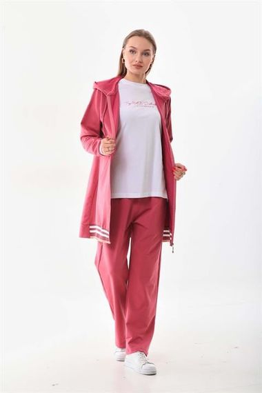 Женский трикотажный спортивный комплект в пудровом цвете с отделкой, 3 предмета, капюшон, карманы, идеален для активного отдыха - фото 1