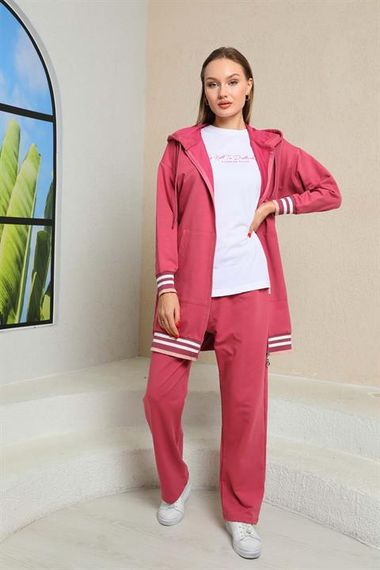 Женский трикотажный спортивный комплект в пудровом цвете с отделкой, 3 предмета, капюшон, карманы, идеален для активного отдыха - фото 4