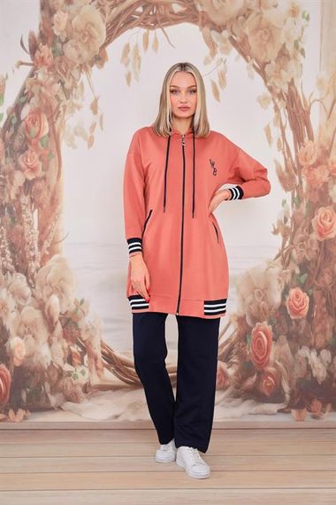 Спортивний жіночий комплект з капюшоном, 2 частини, персикового кольору, високоякісна тканина, з кишенями та деталями у вигляді смужок - фото 4
