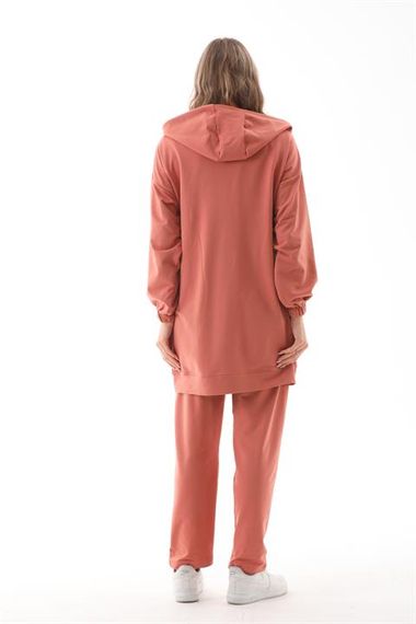 Женский спортивный костюм с пайетками, цвет: персиковый, высокий пояс, капюшон, удобная посадка, модели S-2XL - фото 2