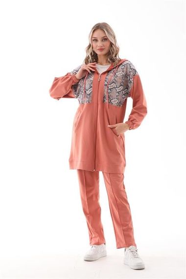 Женский спортивный костюм с пайетками, цвет: персиковый, высокий пояс, капюшон, удобная посадка, модели S-2XL - фото 4