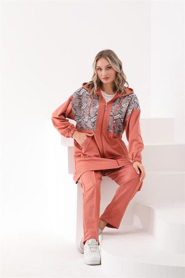 Женский спортивный костюм с пайетками, цвет: персиковый, высокий пояс, капюшон, удобная посадка, модели S-2XL - фото 5