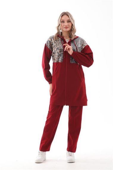 Женский спортивный костюм с пайетками бордового цвета, высокая талия, капюшон, комфортный крой, размеры S, M, L, XL, 2XL - фото 4