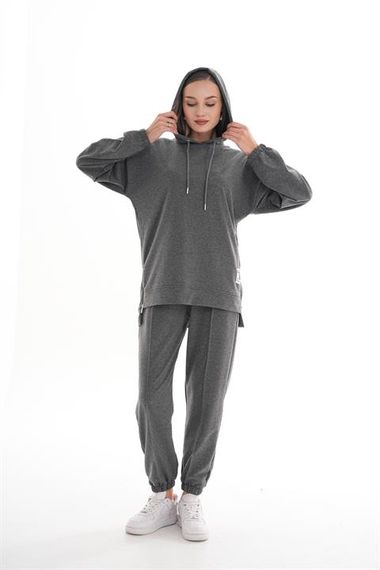 Жіночий спортивний комплект з блискавкою, сірий, з розрізами по боках для повсякденного носіння - фото 4