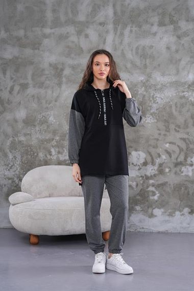 Жіночий спортивний комплект з напівзамком чорного кольору, м'яка та еластична тканина, підходить для повсякденного носіння та моди для хіджабу - фото 2