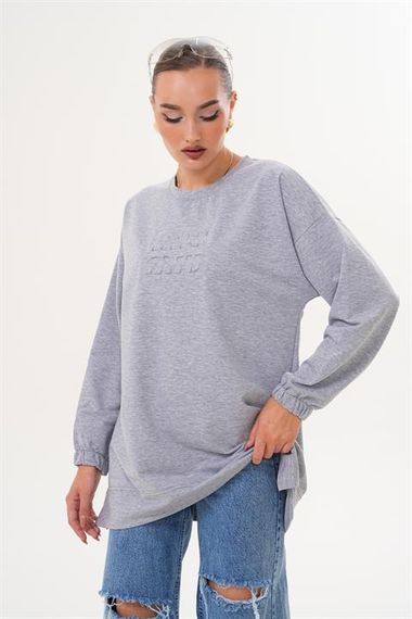 GRİ MİU Kabartma Baskı Bisiklet Yaka Tesettür Sweatshirt Tunik 712 - صورة 1
