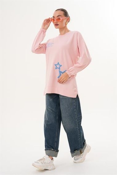 Pudra Yıldız Desenli Bisiklet Yaka Kadın Sweatshirt Tunik 711 - صورة 1