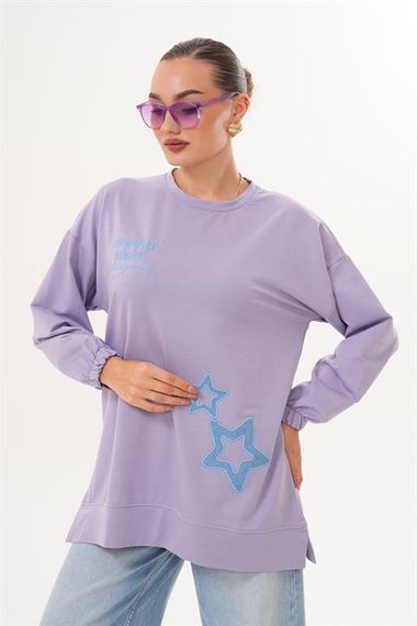 Lila Yıldız Desenli Bisiklet Yaka Kadın Sweatshirt Tunik 711 - фото 1