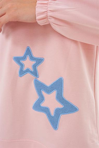 Pudra Yıldız Desenli Bisiklet Yaka Kadın Sweatshirt Tunik 711 - صورة 4