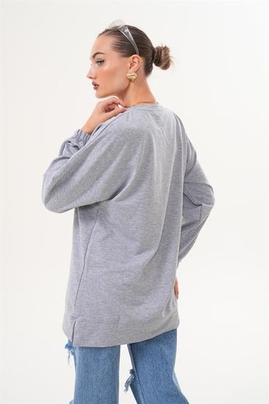 GRİ MİU Kabartma Baskı Bisiklet Yaka Tesettür Sweatshirt Tunik 712 - صورة 5