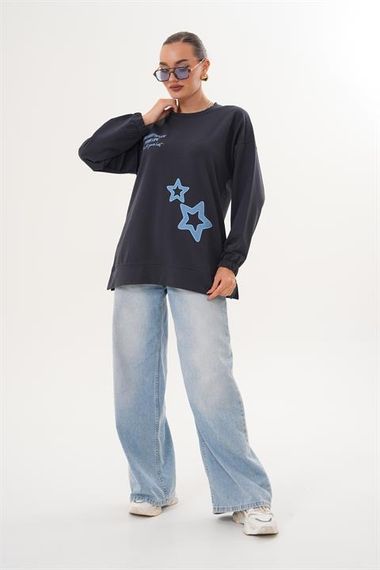 Siyah Yıldız Desenli Bisiklet Yaka Kadın Sweatshirt Tunik 711 - photo 2