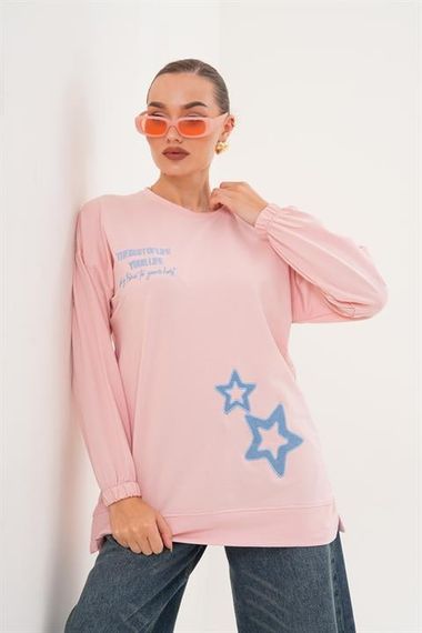 Pudra Yıldız Desenli Bisiklet Yaka Kadın Sweatshirt Tunik 711 - صورة 3