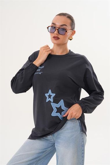 Siyah Yıldız Desenli Bisiklet Yaka Kadın Sweatshirt Tunik 711 - photo 5