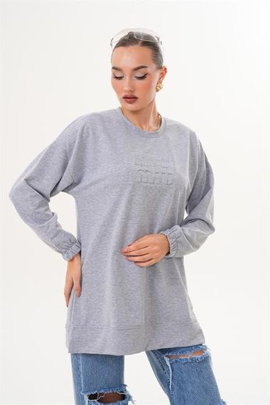 GRİ MİU Kabartma Baskı Bisiklet Yaka Tesettür Sweatshirt Tunik 712 - صورة 4