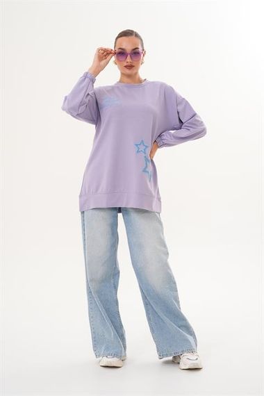 Lila Yıldız Desenli Bisiklet Yaka Kadın Sweatshirt Tunik 711 - фото 2