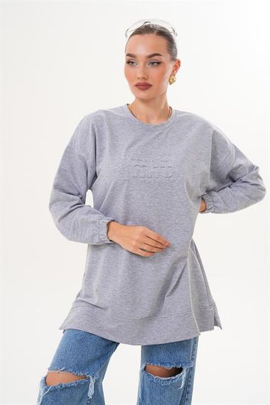 GRİ MİU Kabartma Baskı Bisiklet Yaka Tesettür Sweatshirt Tunik 712 - صورة 3